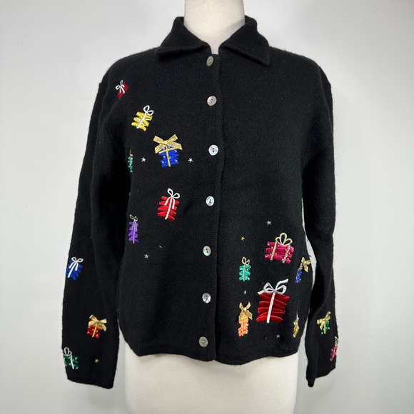 New Karen Scott Sport Boiled Wool Christmas Holiday Cardigan Knit Sz Petite L - Picture 1 of 15